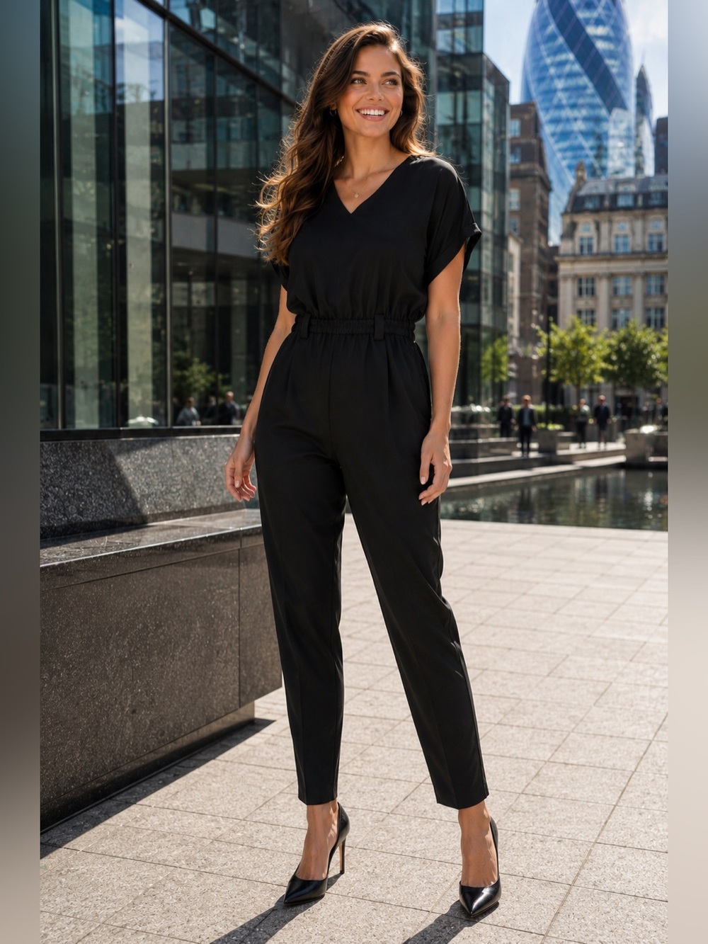 DKNY Black Short-Sleeve V-Neck Elastic-Waist Jumpsuit - Picture 1 of 13